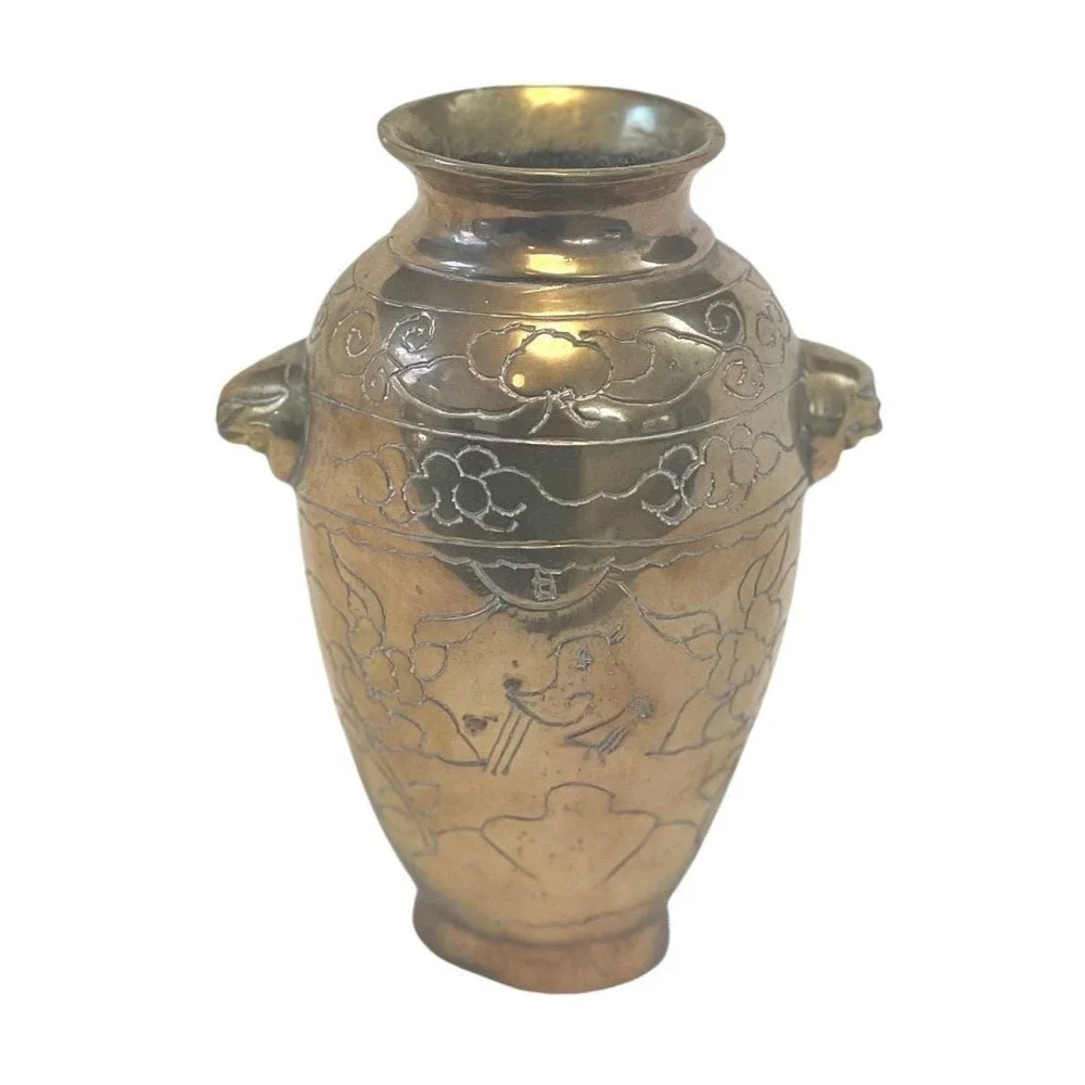 Vintage Chinese Qianlong Style Engraved Brass Vase Asian Floral Design 7